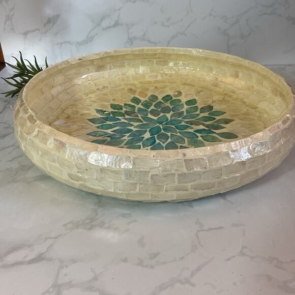 Mother of Pearl Inlay Centerpiece Bowl Off White & Teal Green HandMade Vietnam - Picture 3 of 6